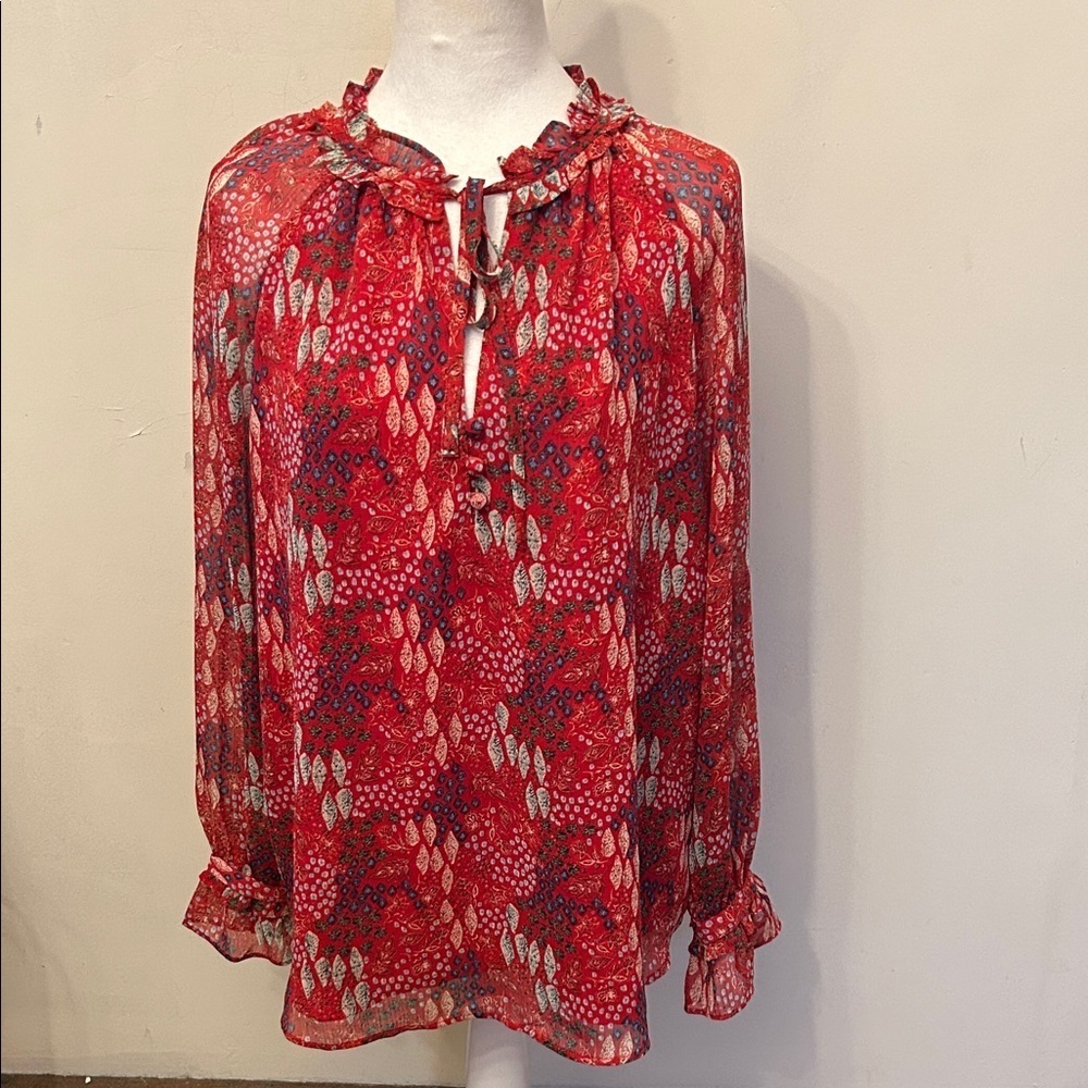 Loft red long sheer sleeve floral blouse Size L EUC